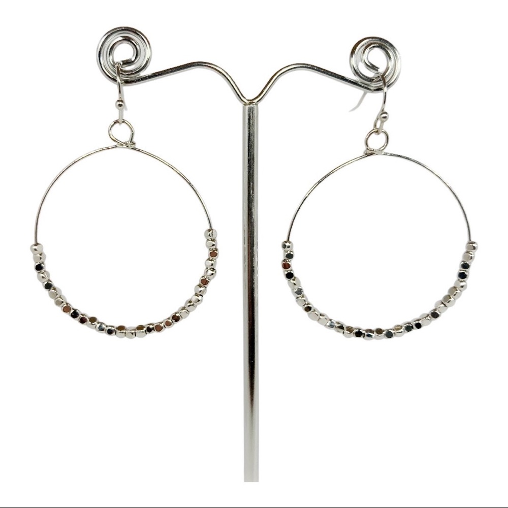 Silver Dangle Round Shape Earrings with silver Beads